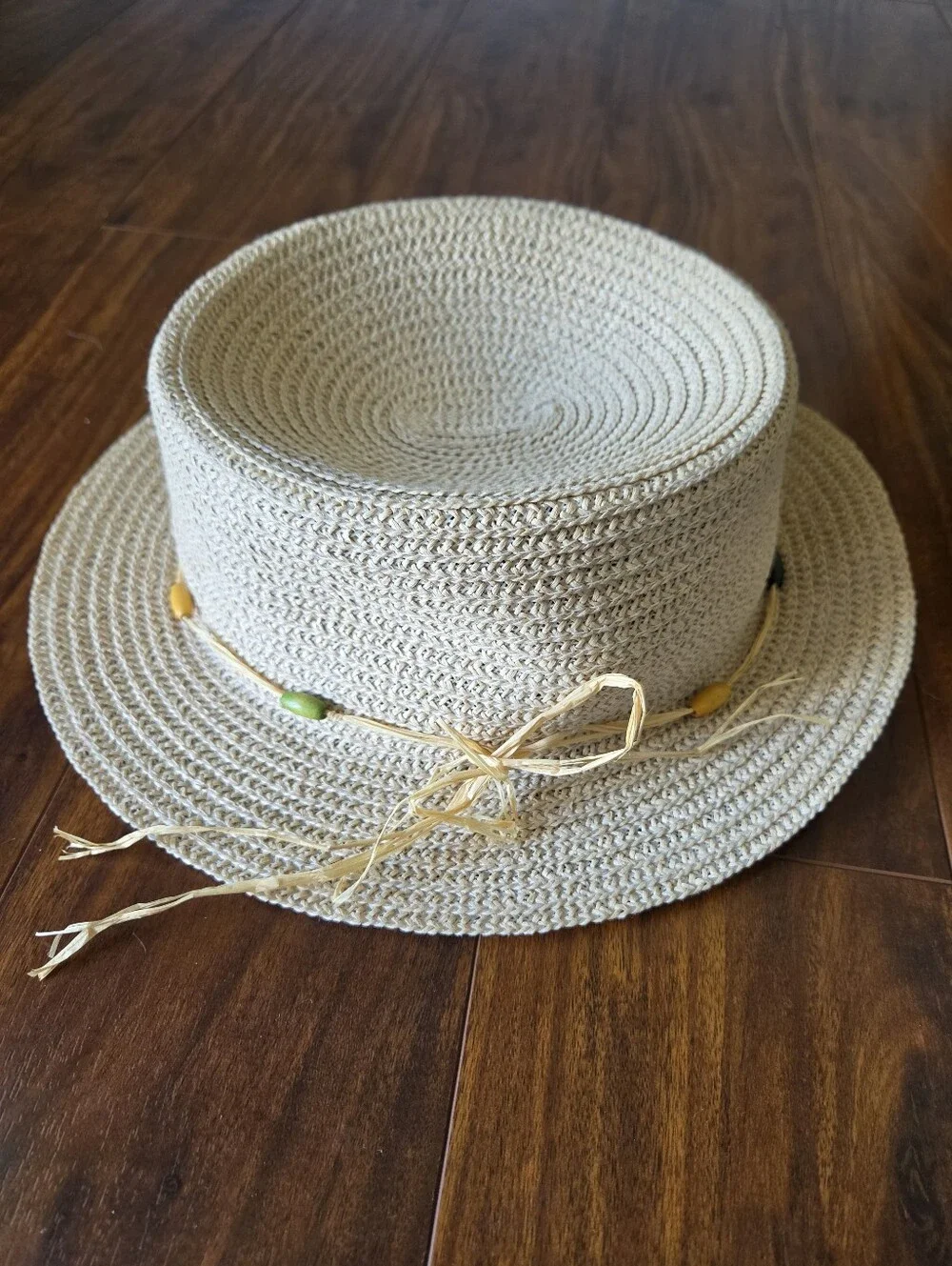 NWOT Old Navy Woven Straw Boater Hat with Bead Trim - Natural